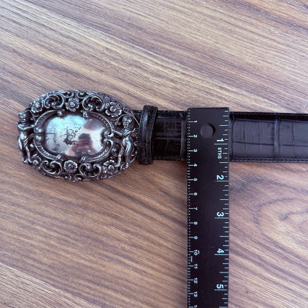 Brighton VTG 1995 Black Belt  Size M Black Croc Embossed Cherub Angel Buckle - Picture 9 of 11